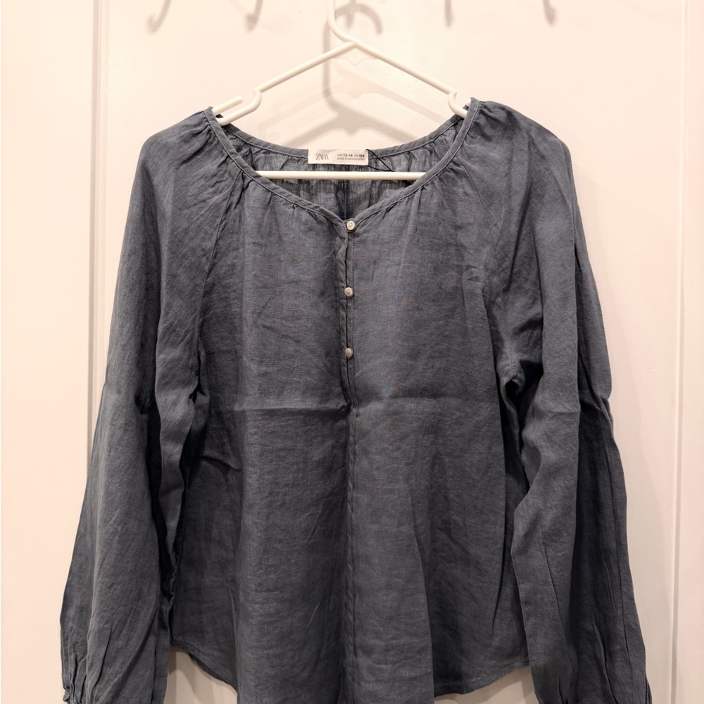 Zara Slate Blue Button-Up Blouse